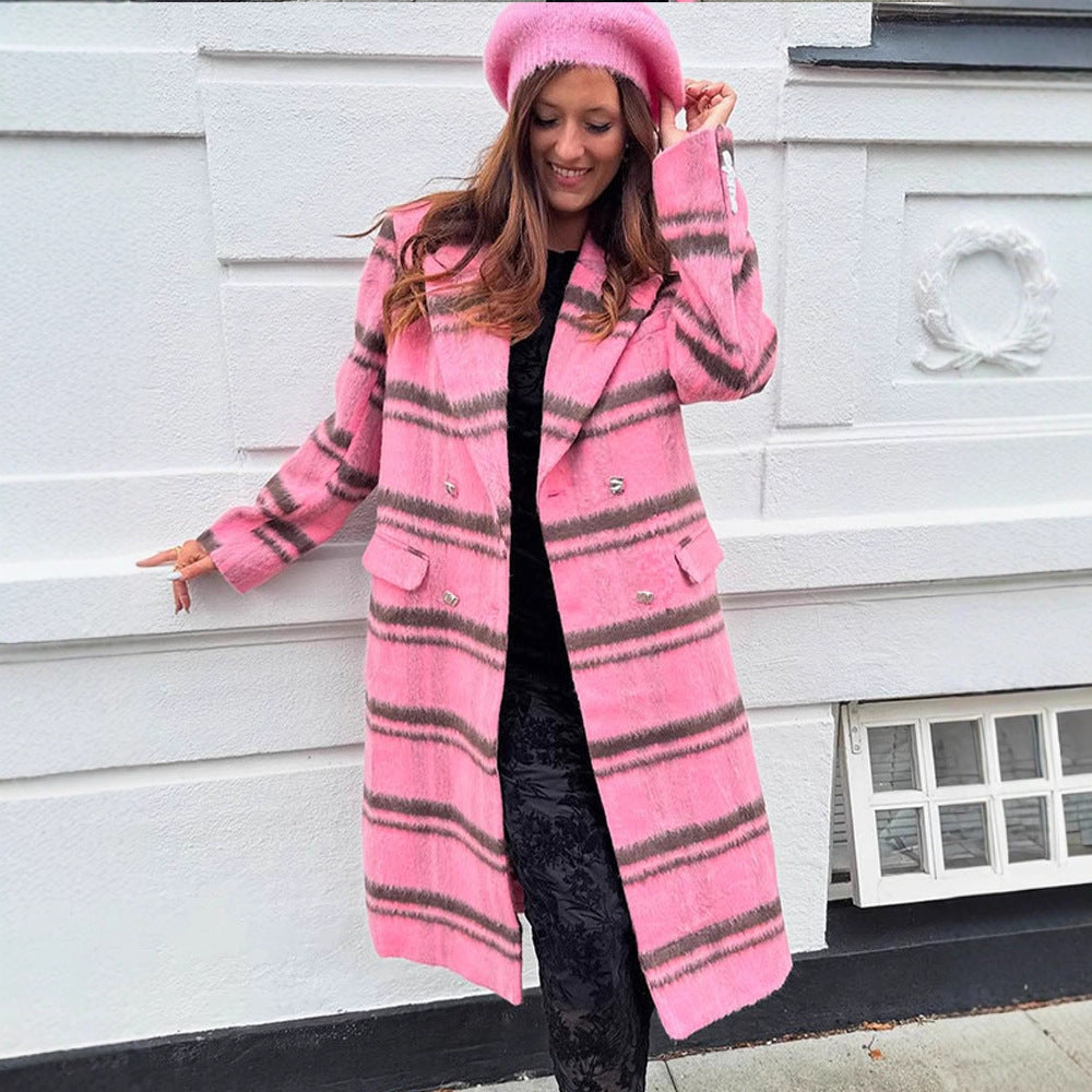 Women Mid-length checked wool blend coat with double-breasted button placket and shawl collar EVA-US