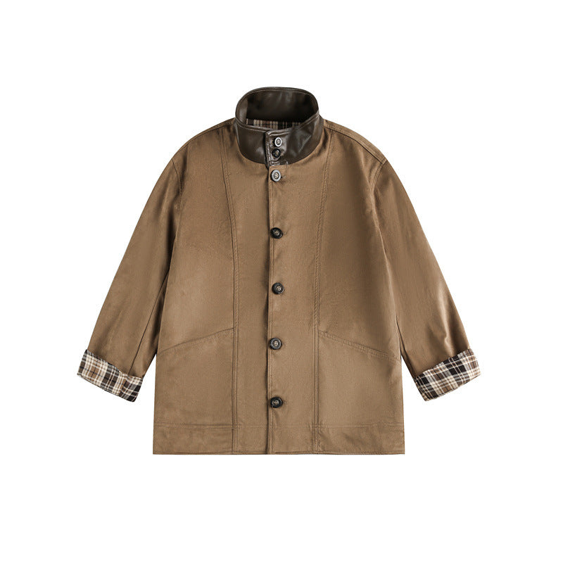 Men's short-cut field blouson in vintage workwear style with faux leather stand-up collar and checked inner lining EVA-US