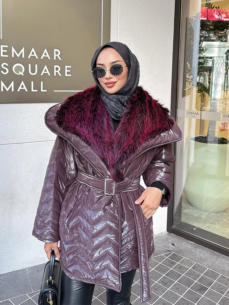 Ladies Shiny Padded Jacket with Waist Belt and Voluminous Faux Fur Collar EVA-US