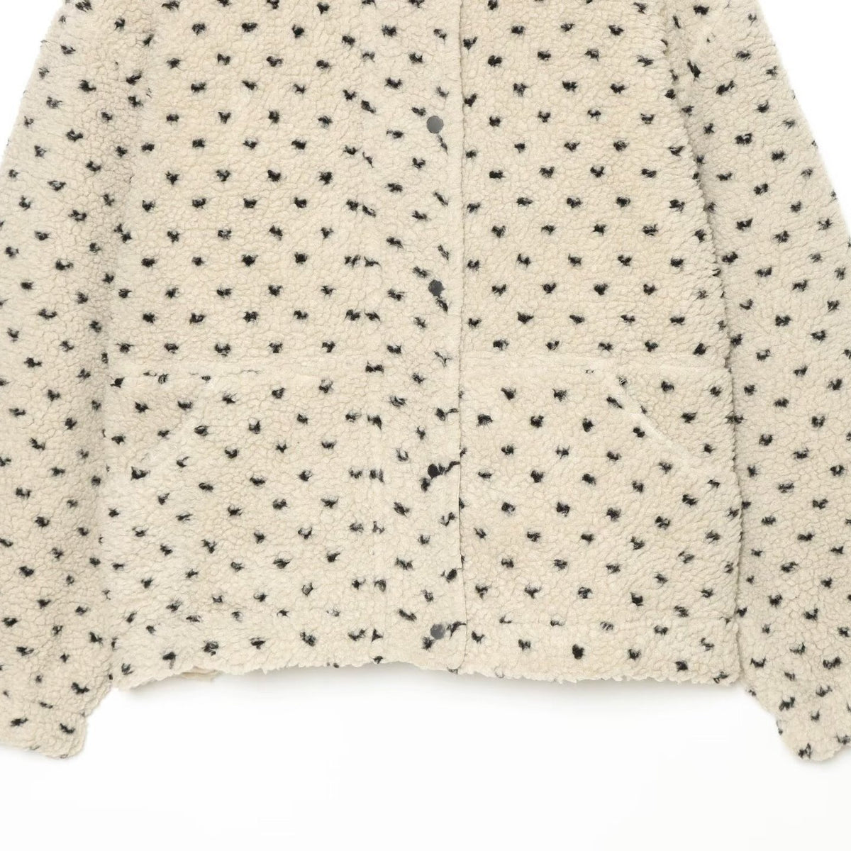 Women Short Teddy Jacket with Stand Collar and Polka Dot Pattern EVA-US