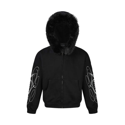 Unisex Oversize Hoodie Jacket made of cotton blend with removable faux fur trim and graphic sleeve prints EVA-US