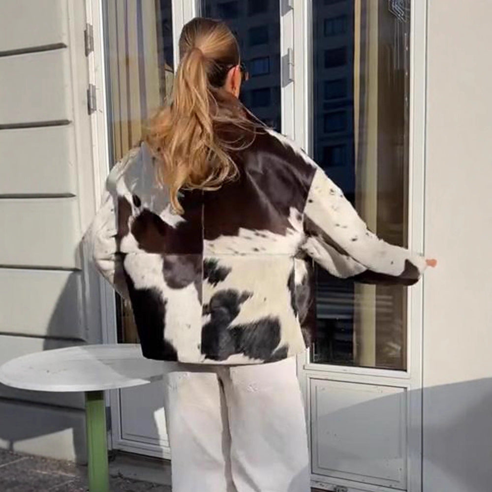 Women's short jacket made of shaggy faux fur with patchwork look and high stand-up collar EVA-US