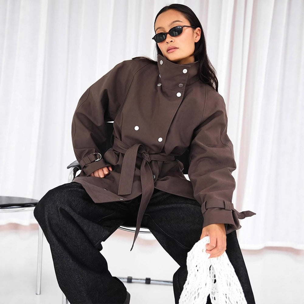 Women's Tailorable Oversize Short Trench with High Stand Collar, Snap Button Front and Tie Belt EVA-US