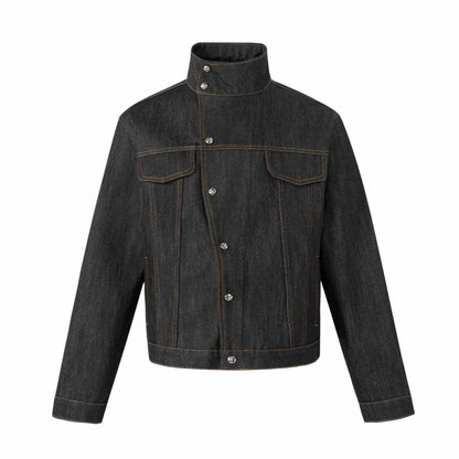 Unisex Short Cut Denim Jacket with High Stand-Up Collar and Decorative Seams EVA-US
