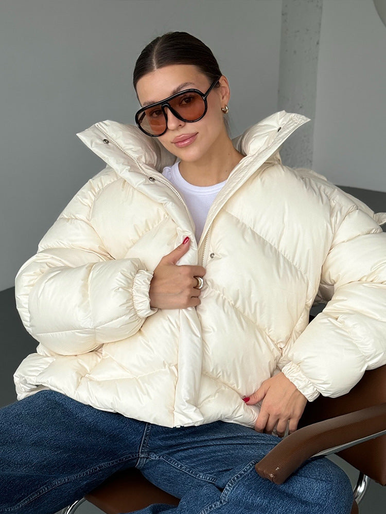 Ladies short puffer jacket with thermal filling, oversized hood & concealed two-way zipper EVA-US