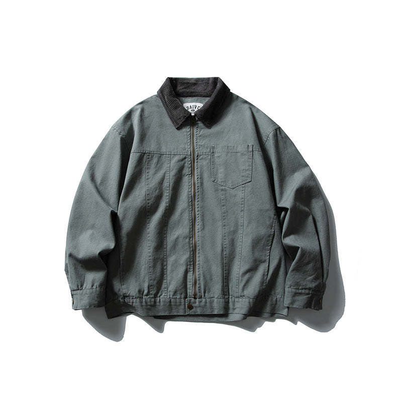 Men's Boxy Canvas Blouson Jacket with Cord Collar and Full-Length Zipper EVA-US