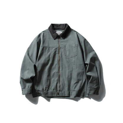 Men's Boxy Canvas Blouson Jacket with Cord Collar and Full-Length Zipper EVA-US