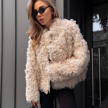 Women's Boxy Short Coat in Curl Teddy Look with Boxy Silhouette EVA-US
