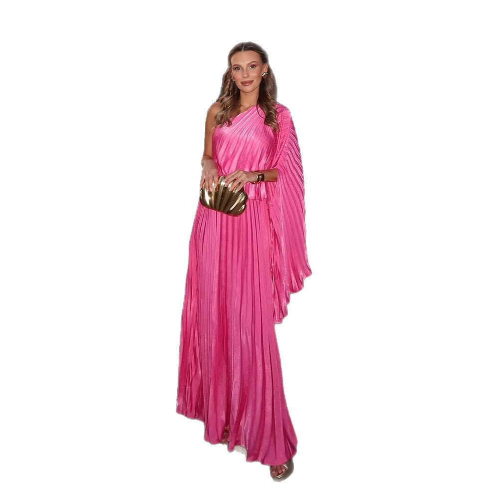 Women One-Shoulder Pleated Maxi Dress with Draped Top and Wide Ruffle Skirt EVA-US