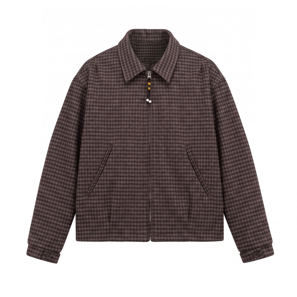 Men's Short-Cut Wool Blend Bomber with Houndstooth Pattern and Concealed Zipper