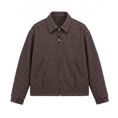 Men's Short-Cut Wool Blend Bomber with Houndstooth Pattern and Concealed Zipper