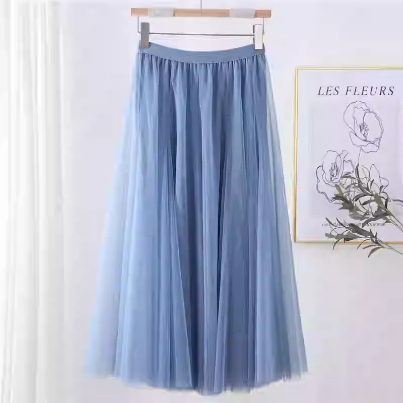 Women Tulle Skirt Layered Floor-Length A-Line Elastic Waistband