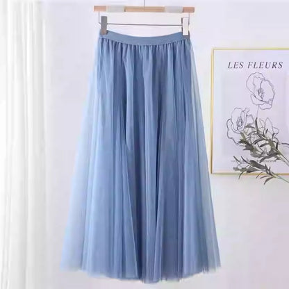 Women Tulle Skirt Layered Floor-Length A-Line Elastic Waistband