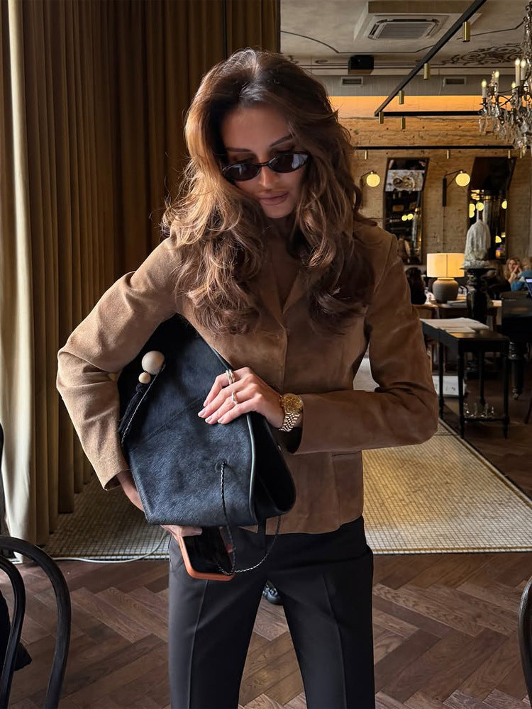 Women's Tailored Suede Blazer Jacket with Shirt Collar and Minimalist Decorative Stitches EVA-US