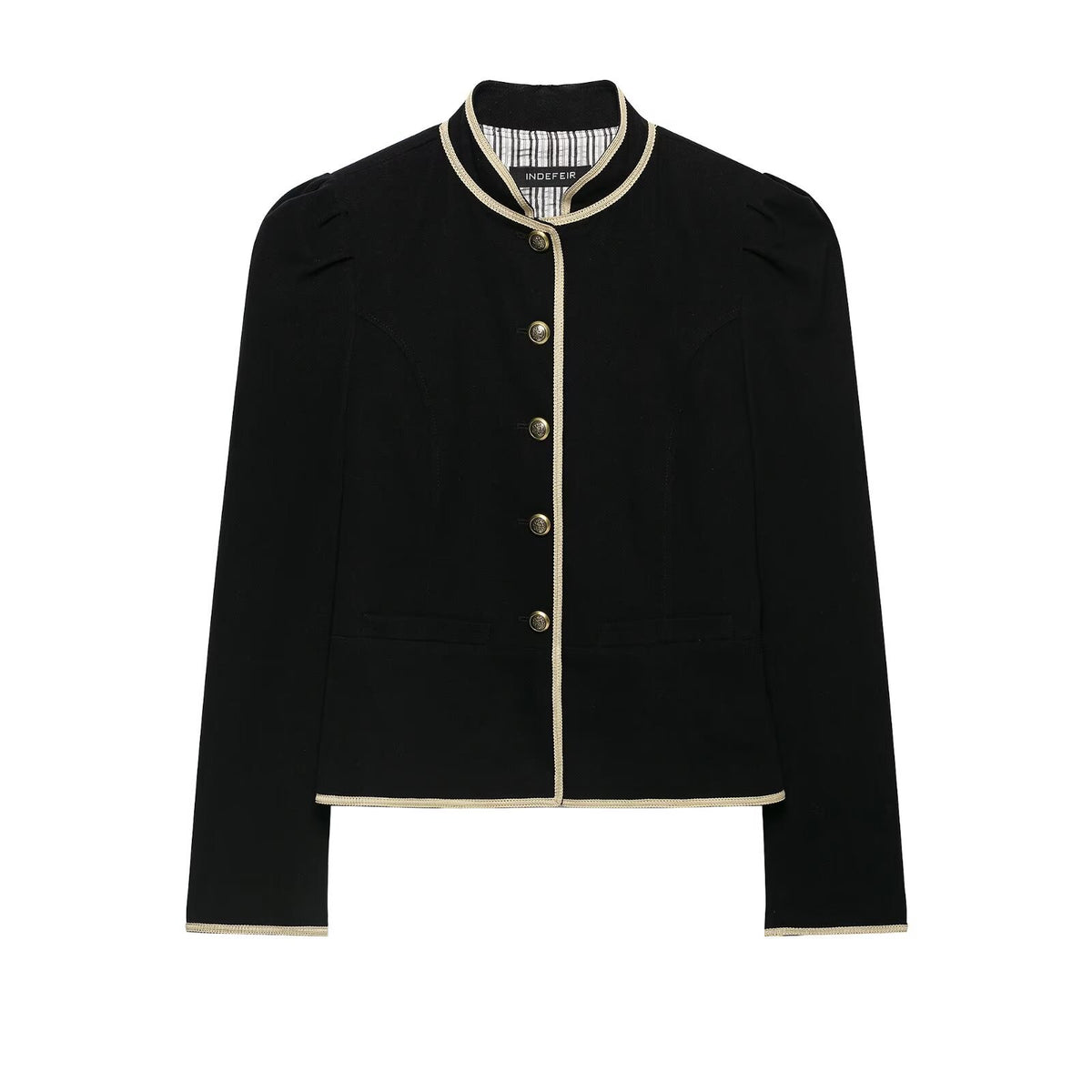 Women Cropped Short Blazer with Stand Collar, Decorative Piping and Medallion Buttons EVA-US