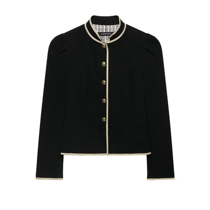 Women Cropped Short Blazer with Stand Collar, Decorative Piping and Medallion Buttons EVA-US