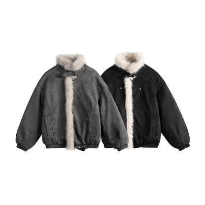 Ladies short cut velour imitation bomber jacket with teddy trim and adjustable neck strap EVA-US