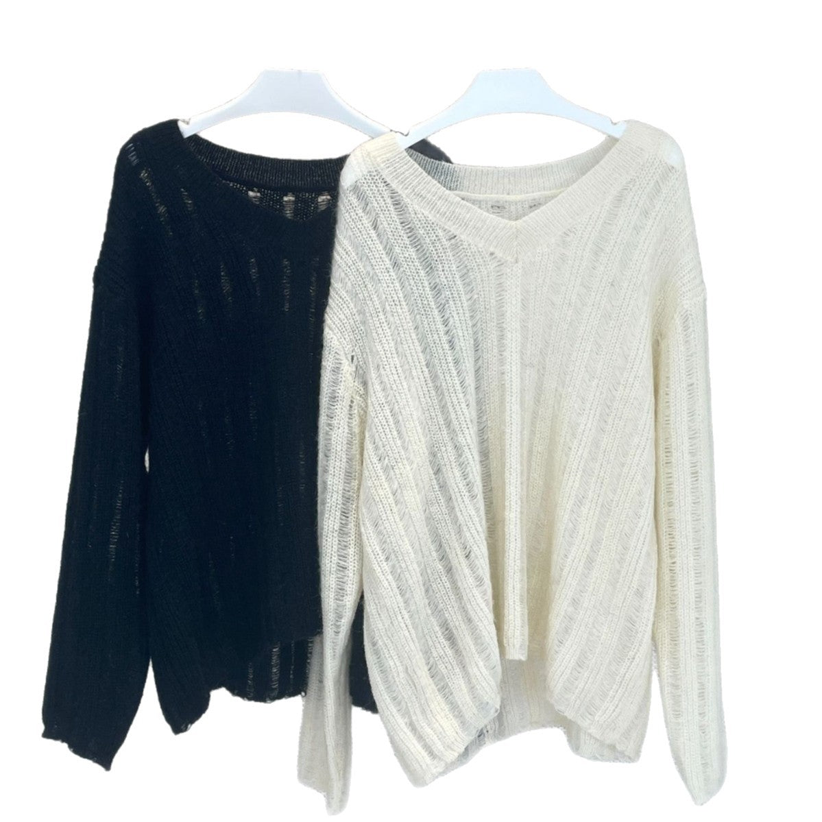 Women Casual V-Neck Sweater made of Fluffy Mix with Structured Rib Look EVA-US