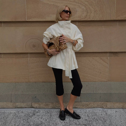 Women's Boxy Short Coat with High Stand Collar and Tied Belt EVA-US