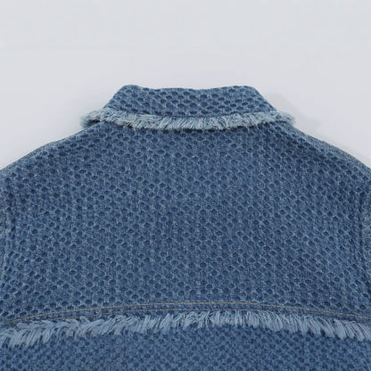 Women's short jacket made of textured denim with fringe trim and flap pockets EVA-US