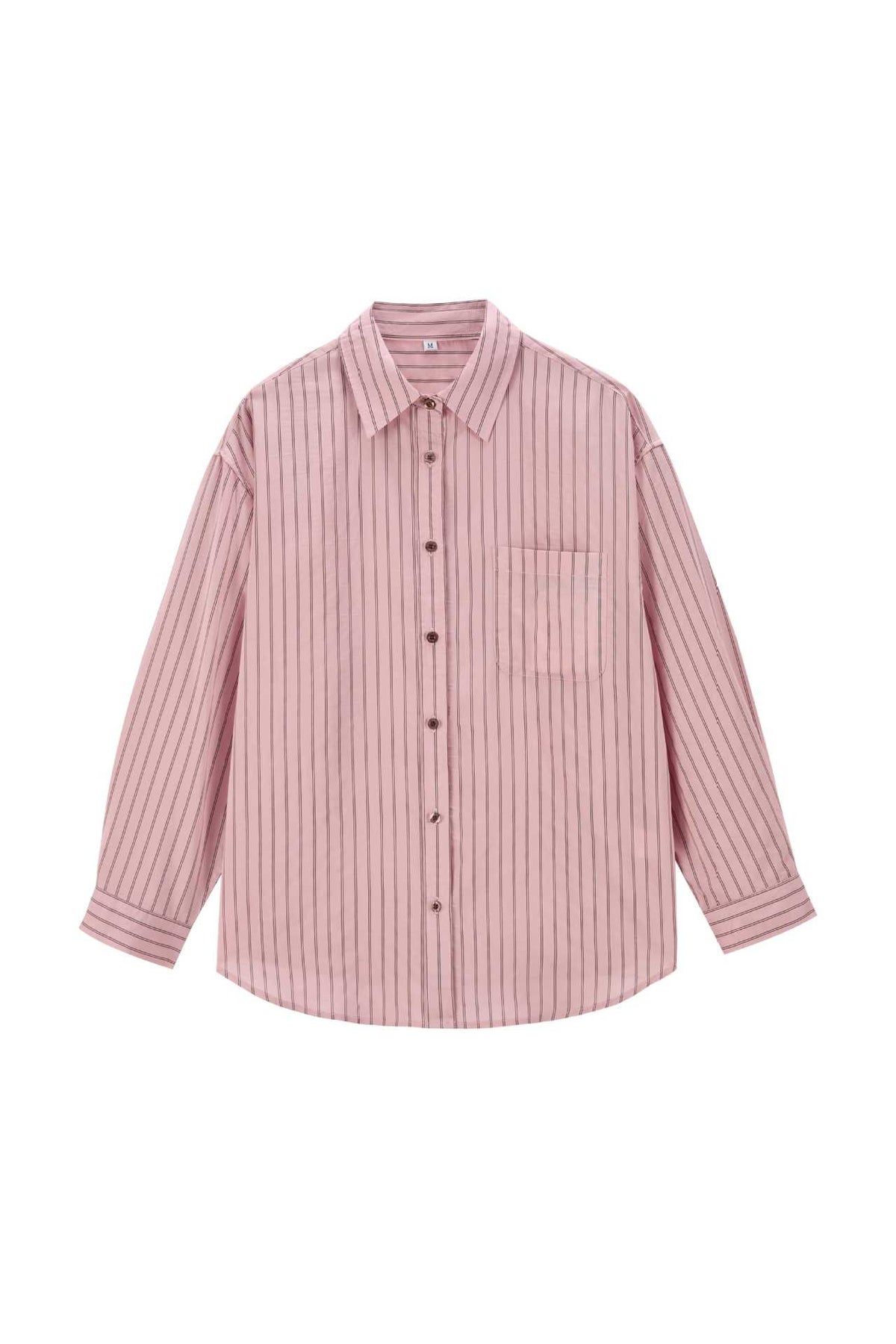 Women’s Oversized Button-Up Blouse with Vertical Pinstripe Design, Breast Pocket and Kent Collar EVA-US