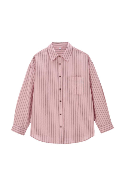 Women’s Oversized Button-Up Blouse with Vertical Pinstripe Design, Breast Pocket and Kent Collar EVA-US
