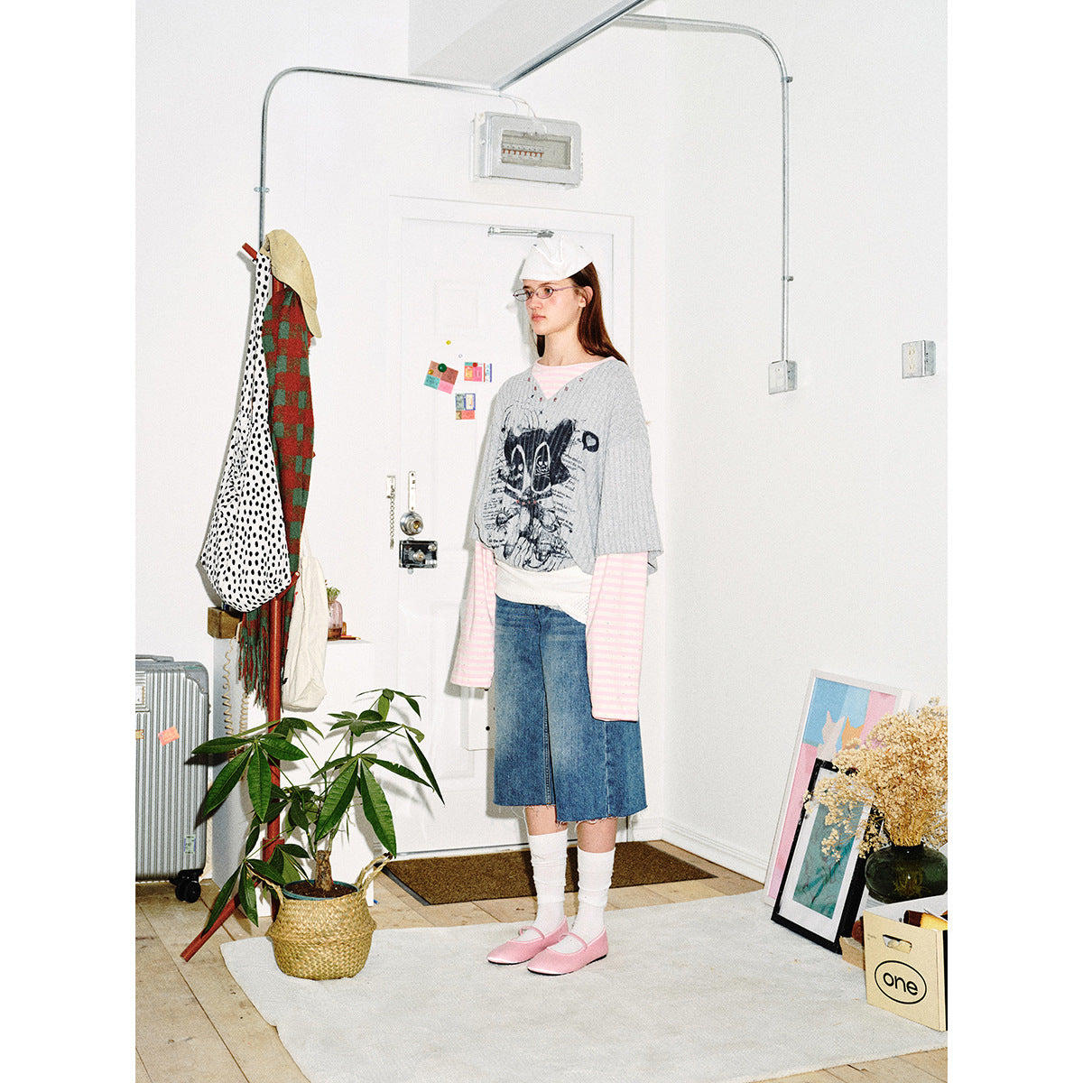 Women Layered Look Long Sleeve with Striped Sleeves and Graphic Statement Print EVA-US