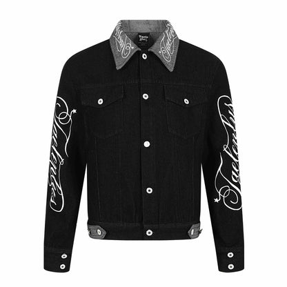 Men's denim blouson jacket with contrast collar and graphic sleeve prints EVA-US