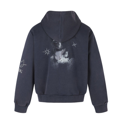 Unisex Short Cut Hooded Zip Jacket with Graphic Dog Print and Ribbed Hem EVA-US