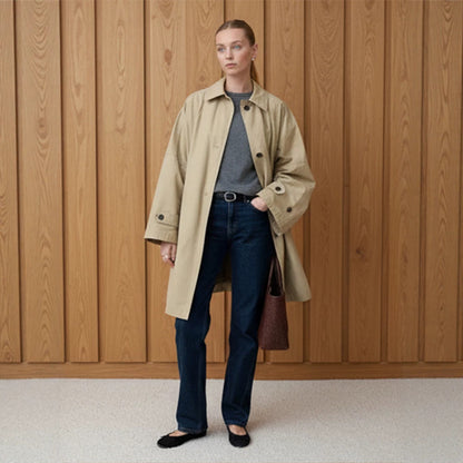 Women's Oversize Cotton Blend Trench Coat with Mid-Length, Straight Cut EVA-US