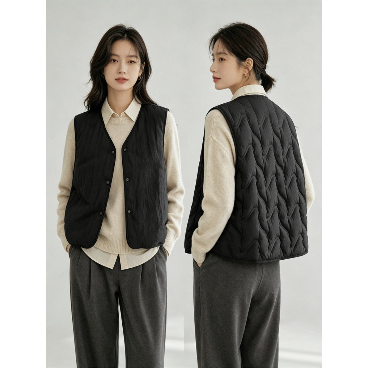 Women’s lightly padded quilted vest with V-neck and press studs EVA-US