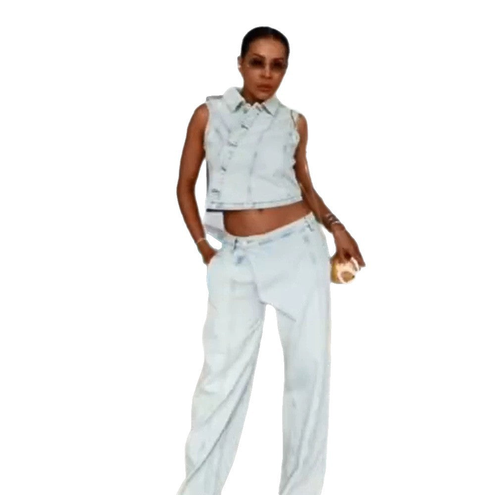 Women's Cropped Sleeveless Denim Set with Tailored Vest & Wide High-Waist Pants EVA-US