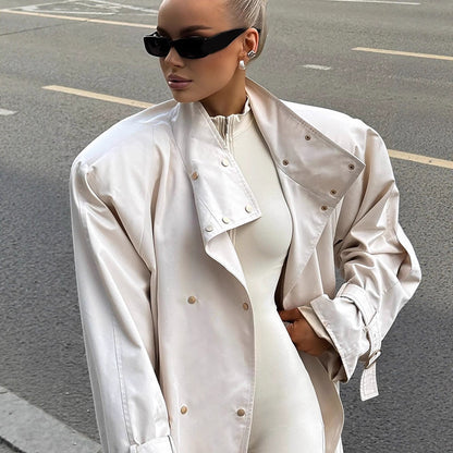 Women’s short trench coat in oversized look with extra wide lapel and snap button closure EVA-US