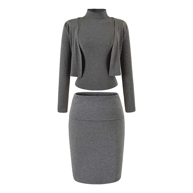 Ladies two-piece business knit set with turtleneck top, bolero, and pencil skirt EVA-US