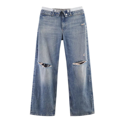Ladies Wide-Cut Destroyed Jeans with Low Rise and Straight Leg EVA-US