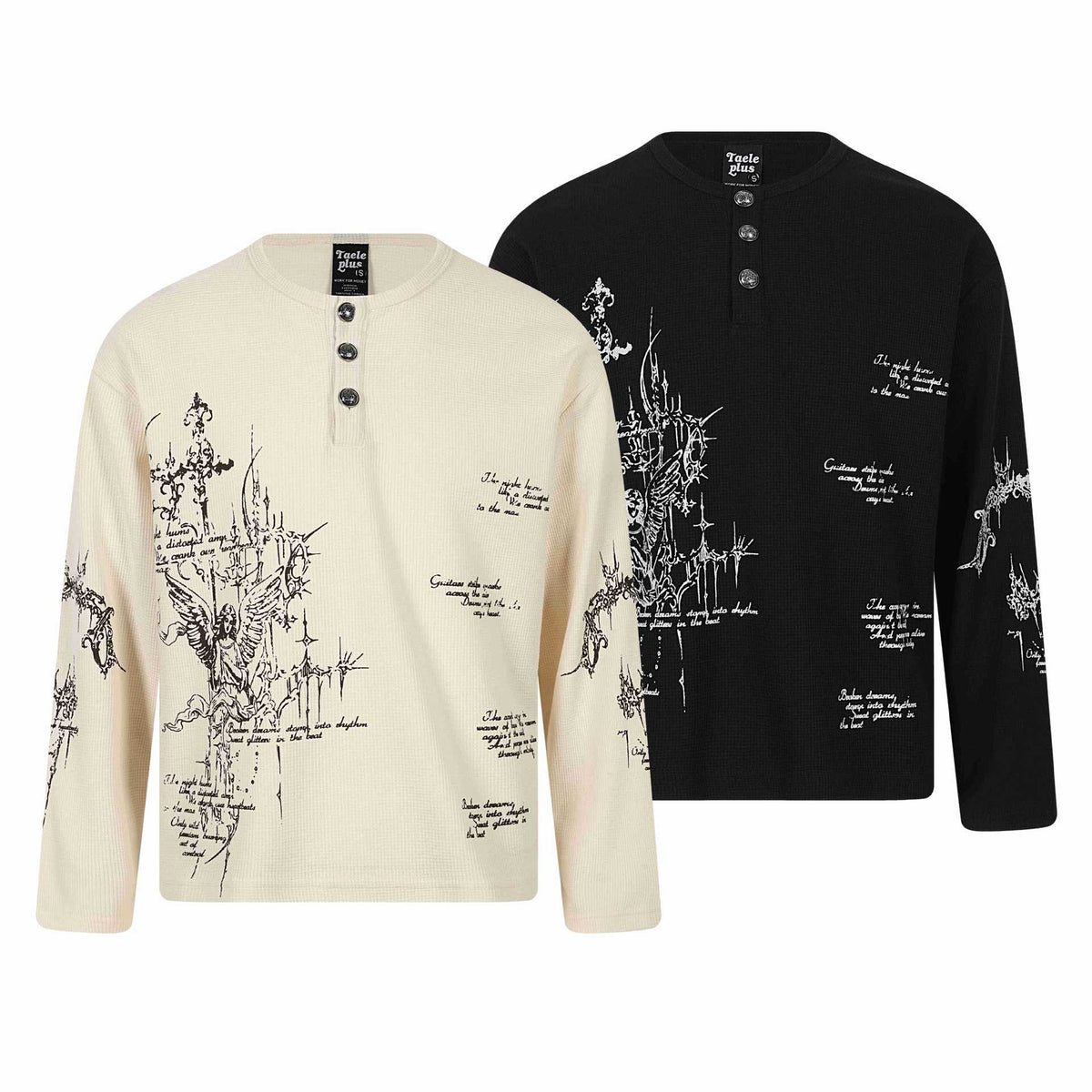 Unisex Waffle Knit Henley Long Sleeve Shirt with 3-Button Placket and Allover Print EVA-US