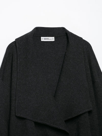 Women's short cut open wool blend cardigan with large shawl collar and boxy cropped silhouette EVA-US