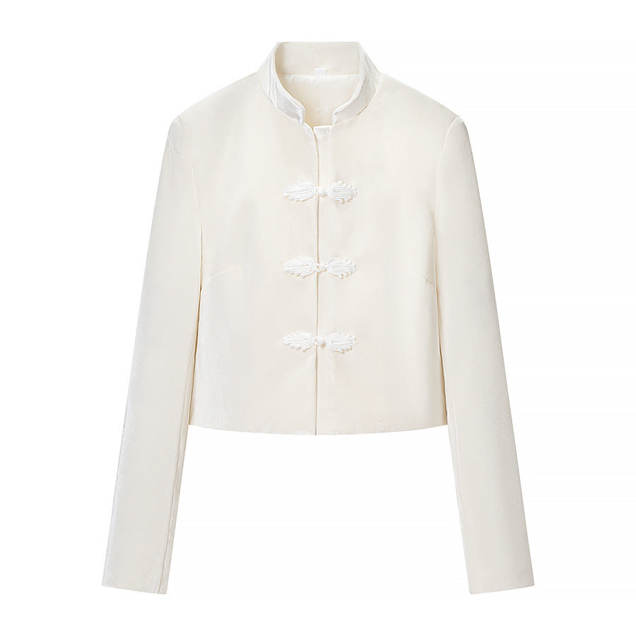 Women's Cropped Jacket in Mandarin Style with Stand Collar and Decorative Knot Closures EVA-US