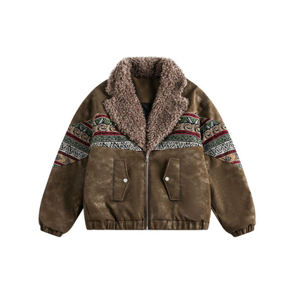 Ladies Short Suede Bomber with Faux Fur Collar and Ethnic Knit Inserts EVA-US