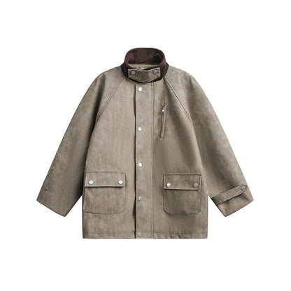 Unisex Short Cut Boxy Velour Utility Jacket with Stand-Up Collar and Flap Pockets EVA-US