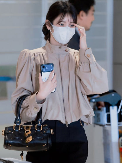 Women Lightweight Blouson Jacket with Balloon Sleeves and Stand-up Collar EVA-US