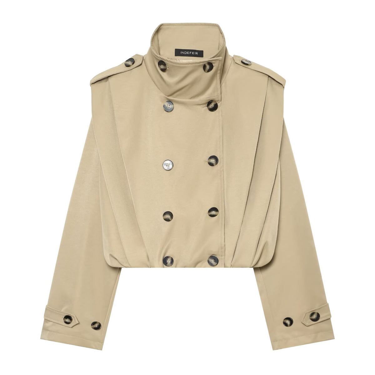 Women's Cropped Trench Coat in Cape Look with Double-Breasted Button Placket and High Stand Collar EVA-US