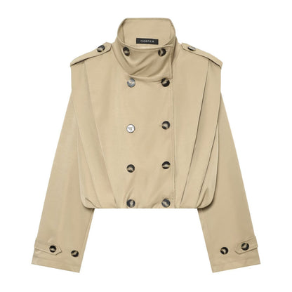 Women's Cropped Trench Coat in Cape Look with Double-Breasted Button Placket and High Stand Collar EVA-US
