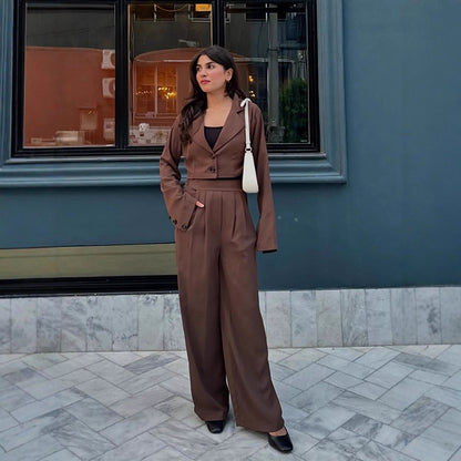Ladies Two-Piece Tailoring Set Short Blazer with Bell Sleeves and High-Waist Palazzo Pants EVA-US
