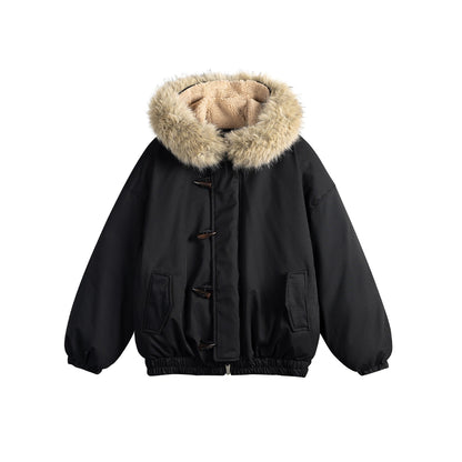 Men's Short Insulation Parka in Boxy Cut with Detachable Faux Fur Collar and Toggle Fastenings EVA-US