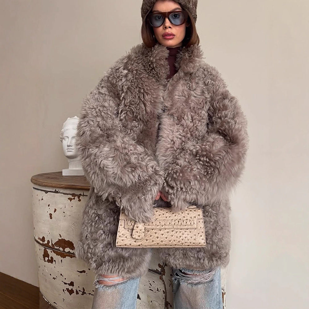 Women Oversize Faux Fur Coat with Curly Teddy Look and Wide Boxy Silhouette EVA-US