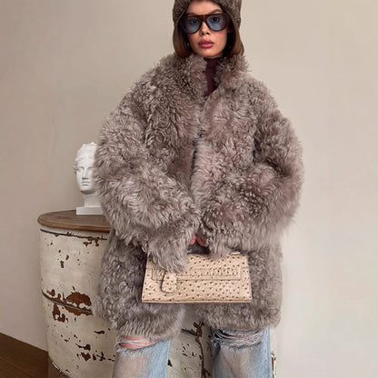 Women Oversize Faux Fur Coat with Curly Teddy Look and Wide Boxy Silhouette EVA-US