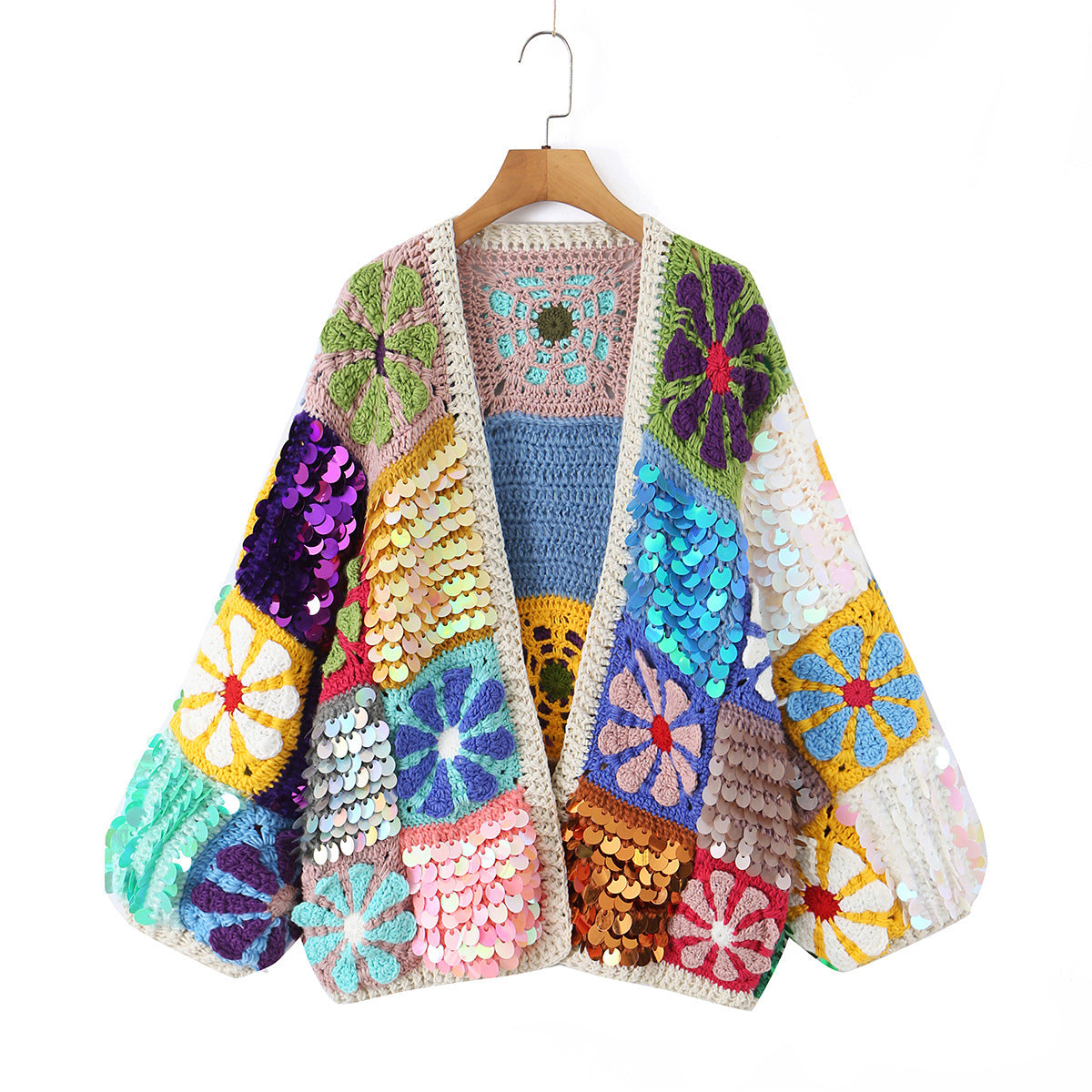 Women's playful crochet patchwork cardigan with sequins and flower appliqués EVA-US