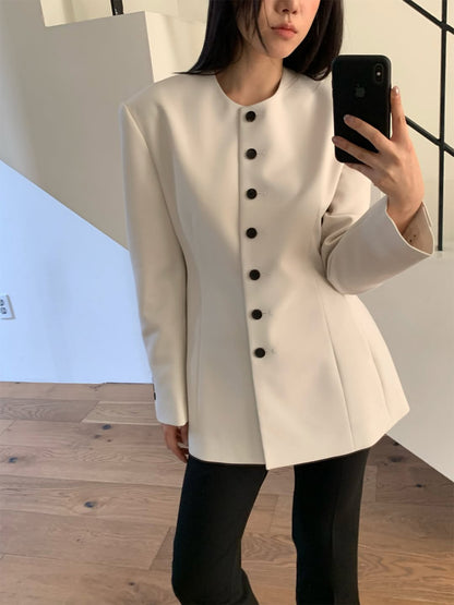 Women Tailored Blazer with Sculptural Shoulder, Round Neckline and Contrast Button Placket EVA-US