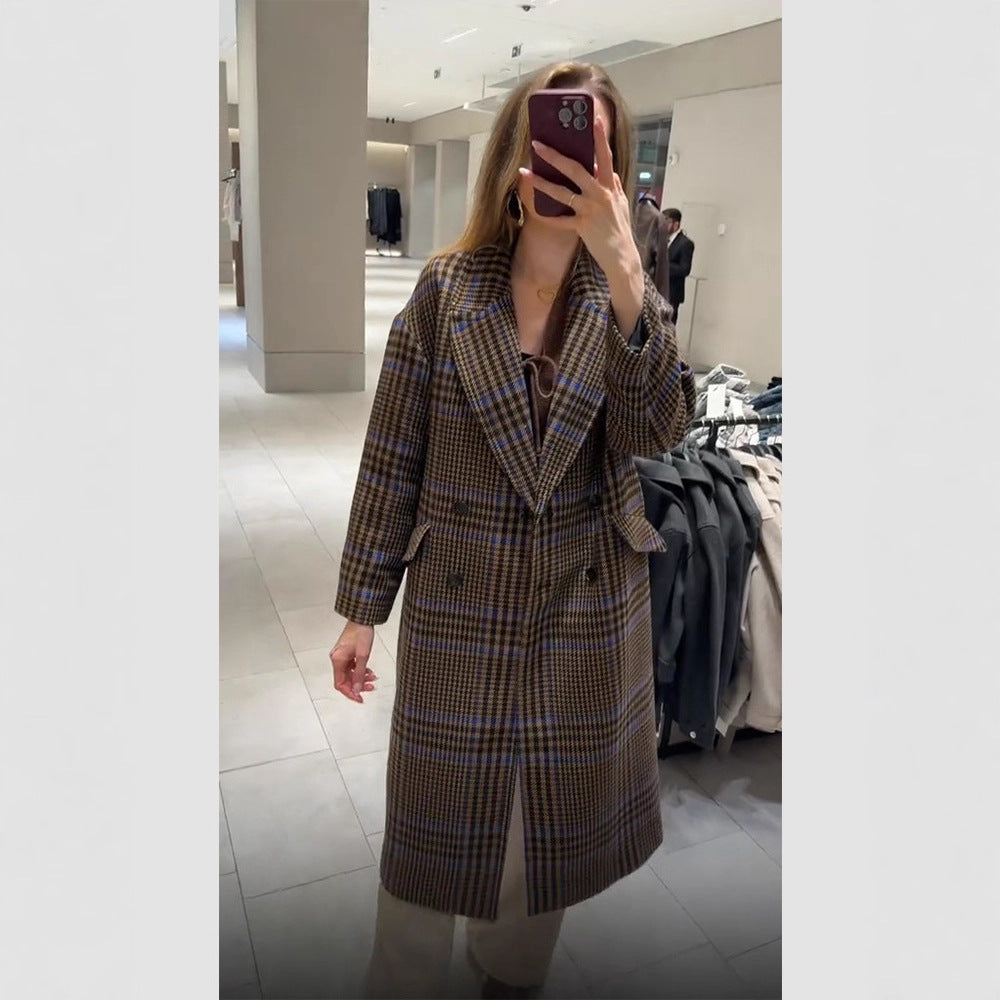 Women's Maxi Long Oversized Double-Breasted Coat with Enhanced Shoulder and Flap Pockets EVA-US